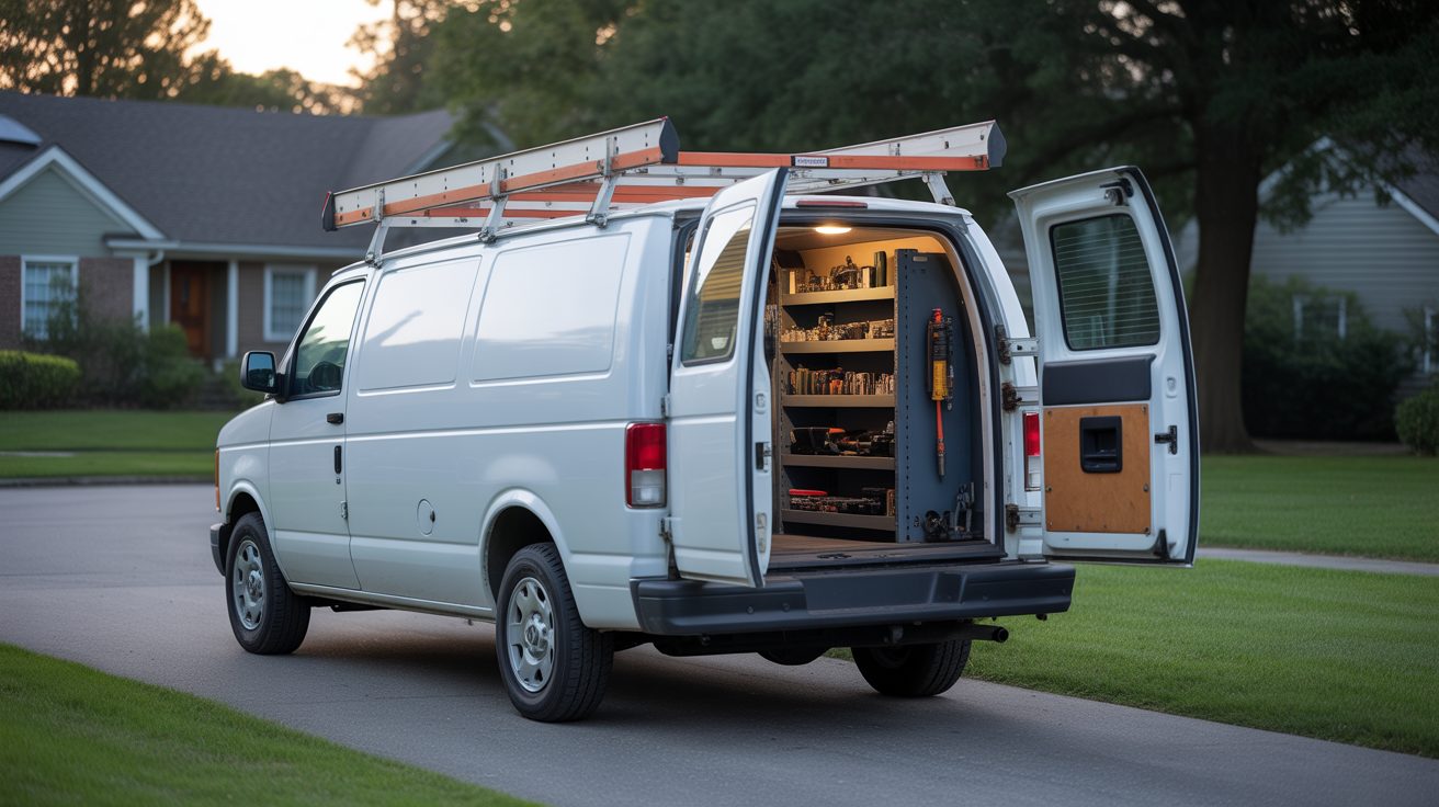 Unmarked service van staged near a property in Winston-Salem